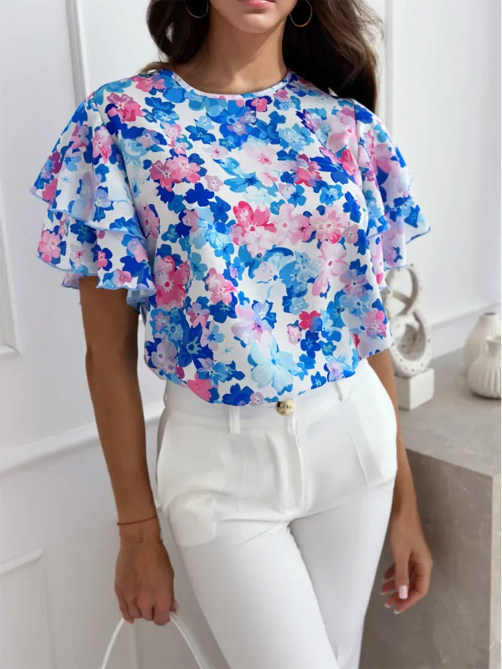 Floral Round Neck Flutter Sleeve Blouse Lightweight - Southern Shores Clothing