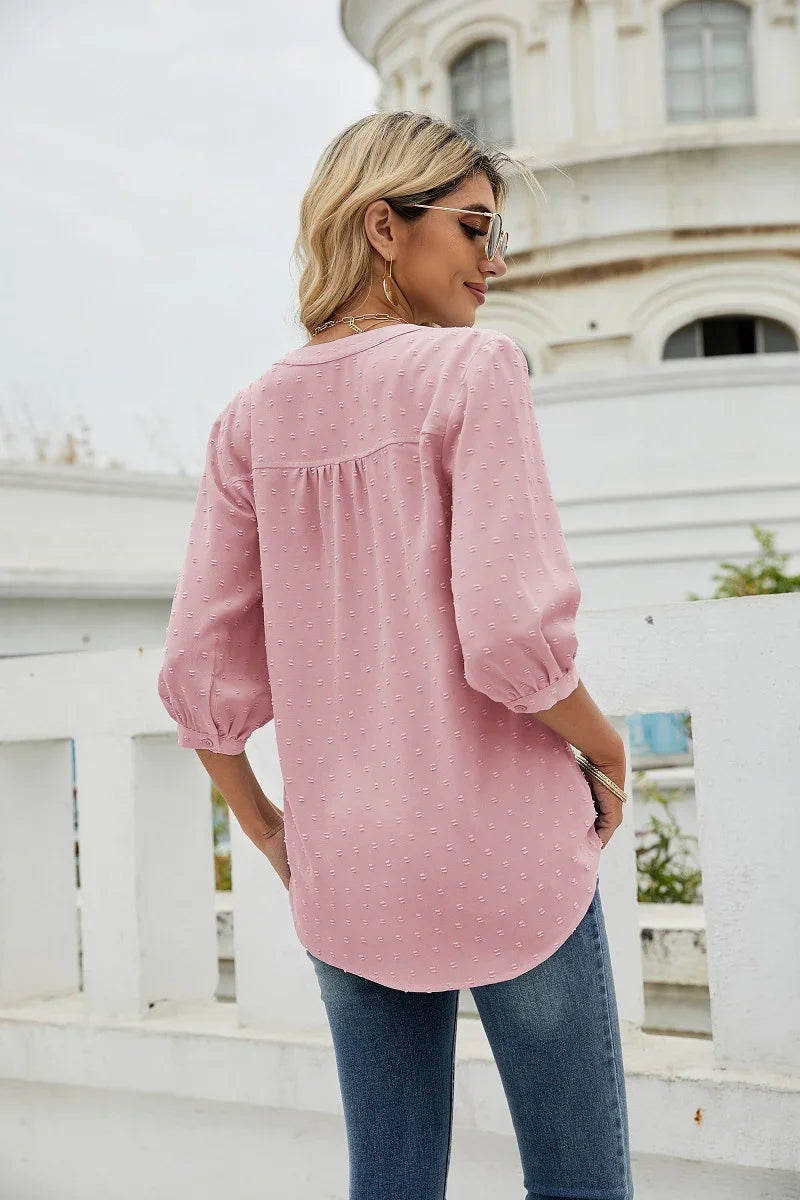 Swiss Dot Notched Neck Three-Quarter Sleeve Blouse - Southern Shores Clothing