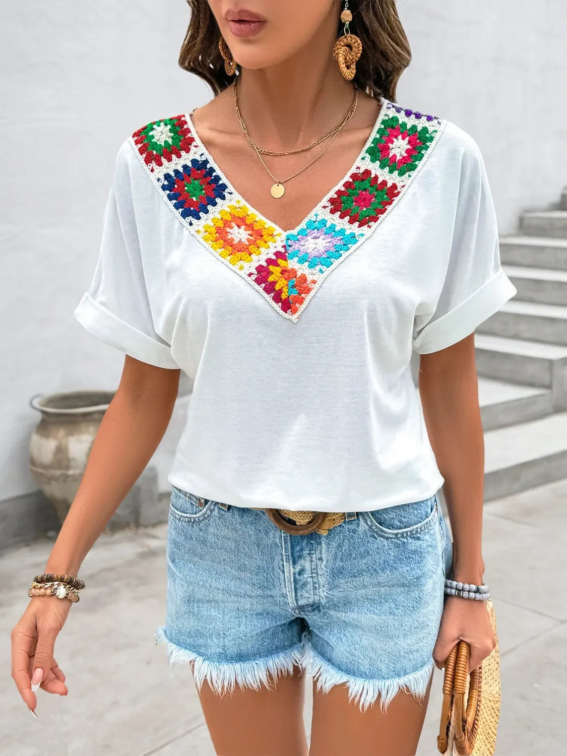 Contrast V Neck Short Sleeve Top With Embroidered Panels - Southern Shores Clothing