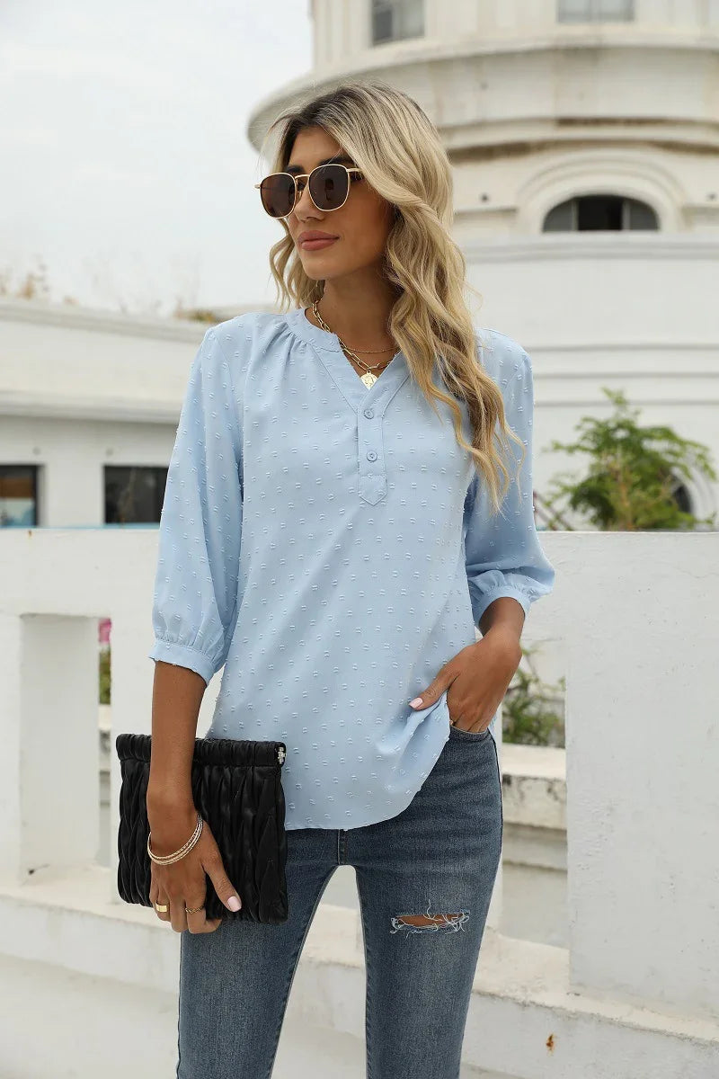 Swiss Dot Notched Neck Three-Quarter Sleeve Blouse - Southern Shores Clothing