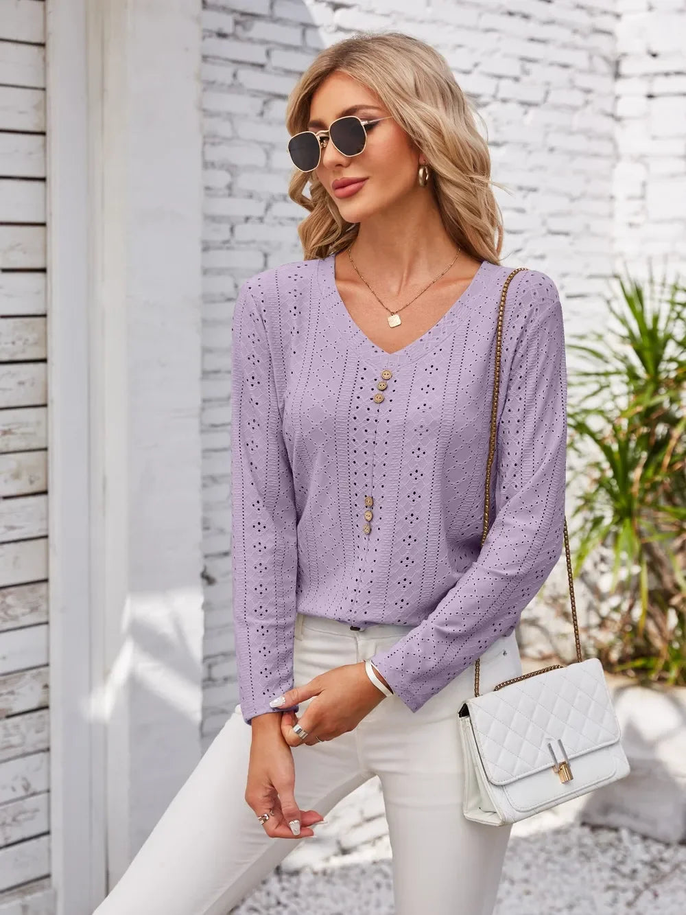 V Neck Openwork T Shirt With Decorative Buttons - Southern Shores Clothing
