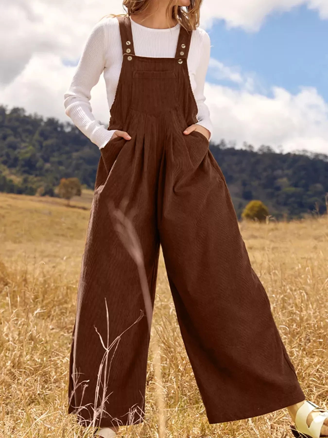 Front Ruched Wide Leg Jumpsuit With Pockets - Southern Shores Clothing
