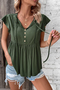 Southern Shores Clothing Buttoned Solid Polyester Tie Neck Flutter Sleeve Babydoll Blouse - Southern Shores Clothing