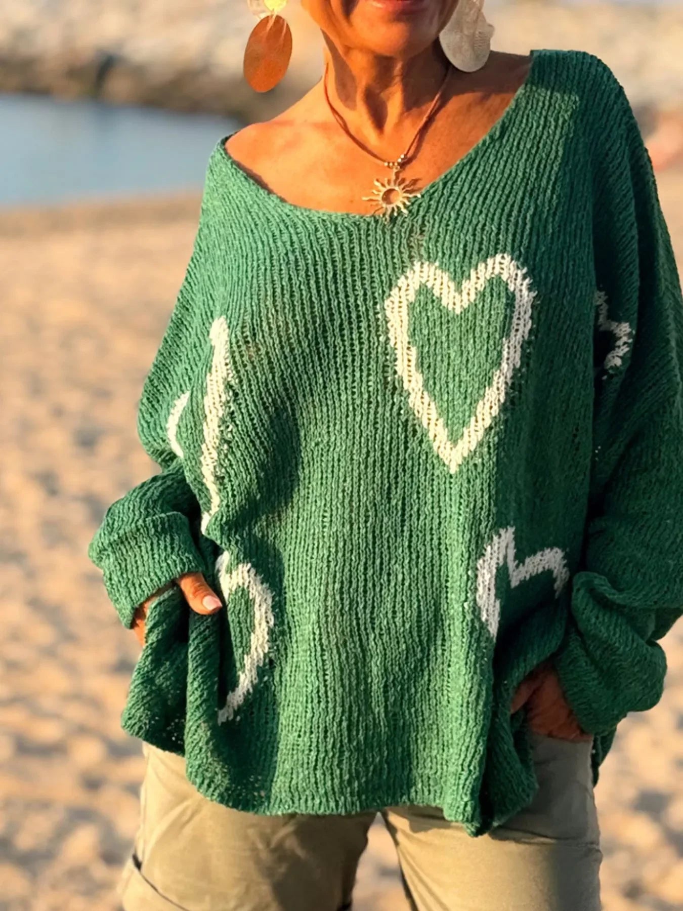 Heart V-Neck Dropped Shoulder Sweater | Southern Shores Clothing - Southern Shores Clothing