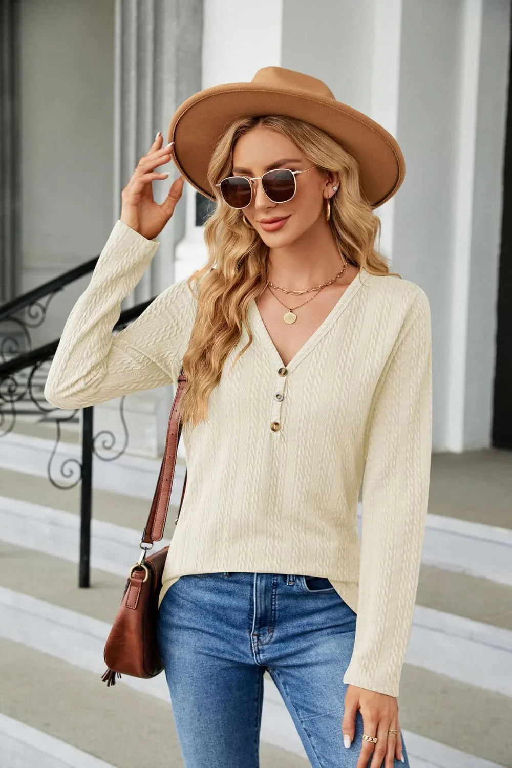 Casual Cable Knit Long Sleeve V-Neck T Shirt - Southern Shores Clothing