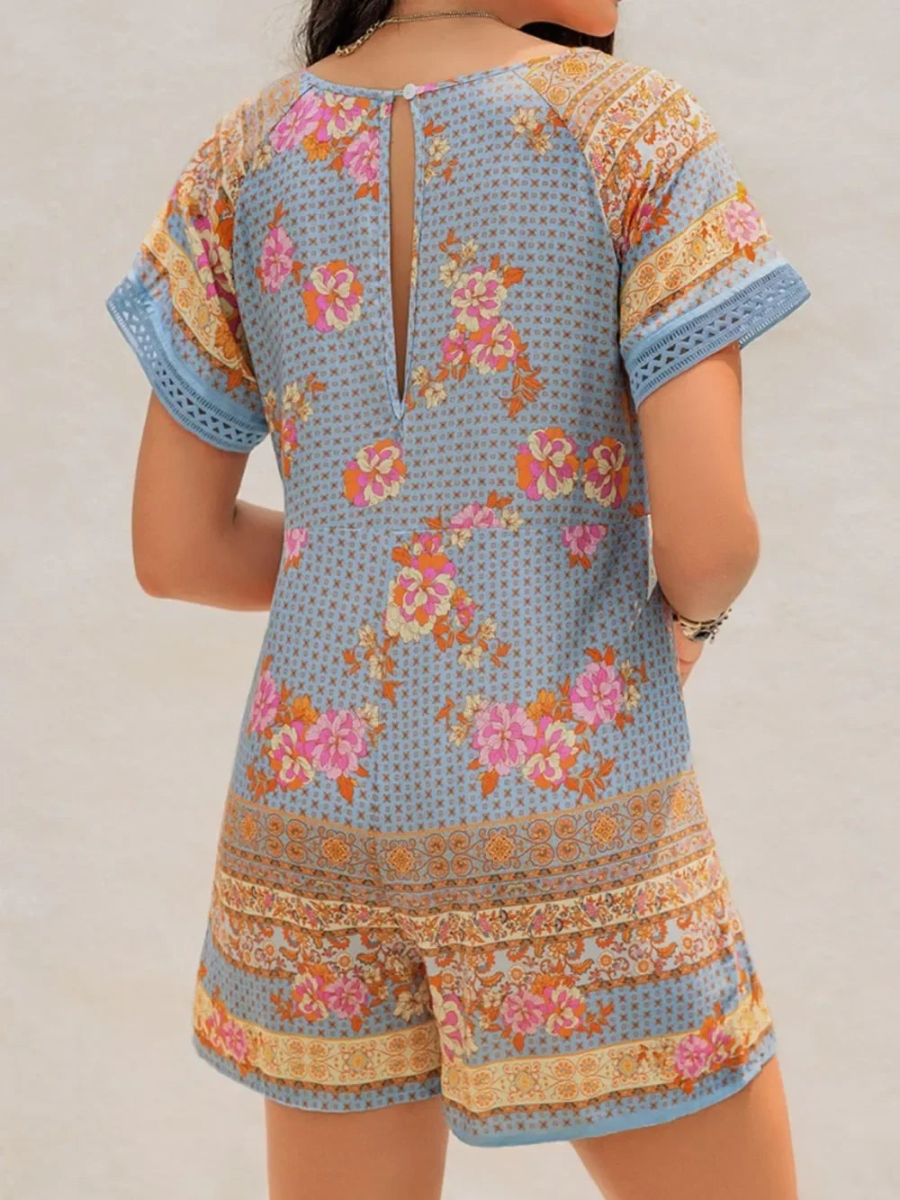 Printed V-Neck Short Sleeve Romper With Cutout - Southern Shores Clothing