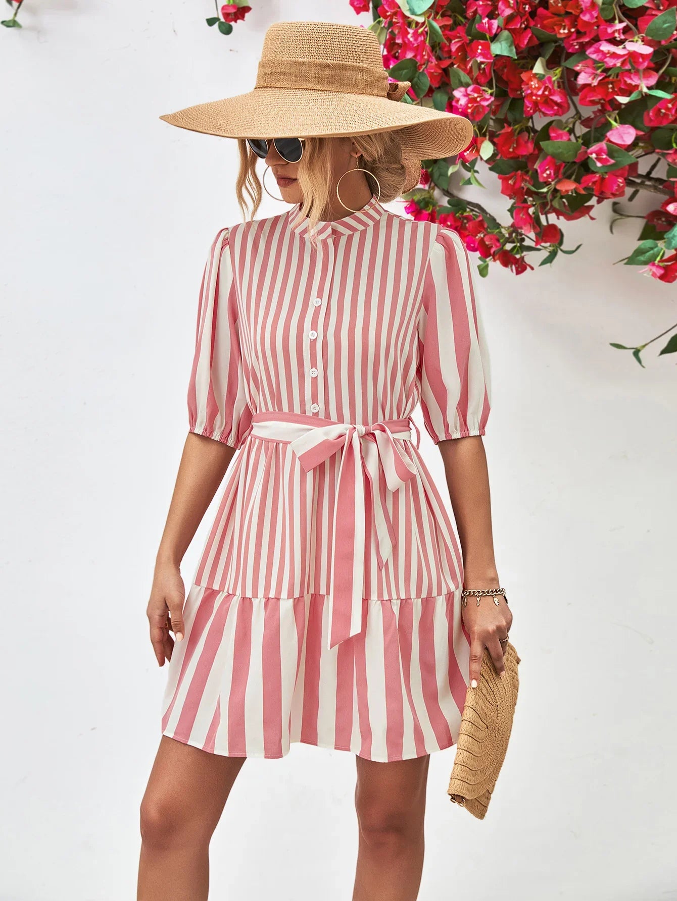 Striped Half Sleeve Tie Waist Mini Dress - Southern Shores Clothing