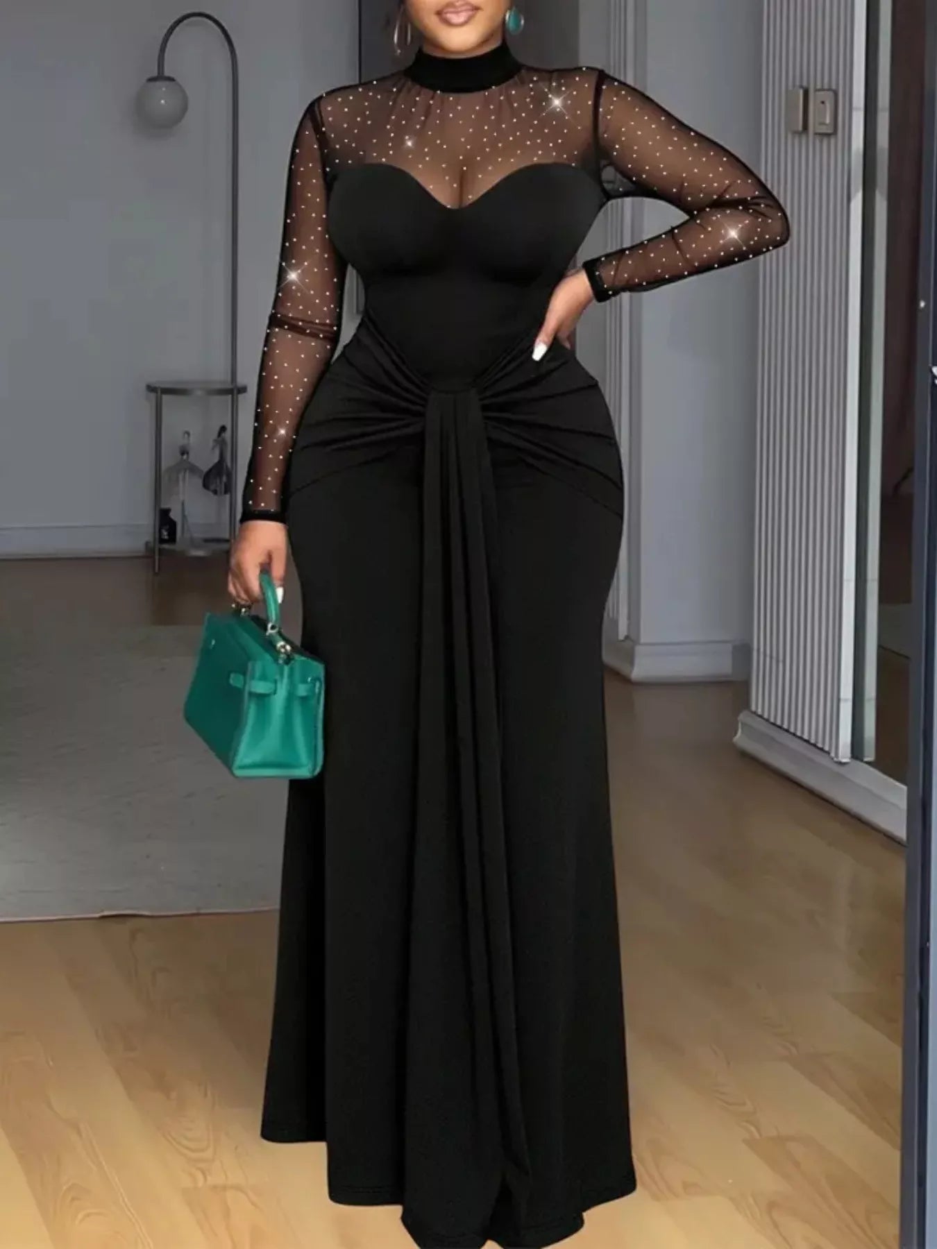 Sleek Mesh Mock Neck Long Sleeve Maxi Dress