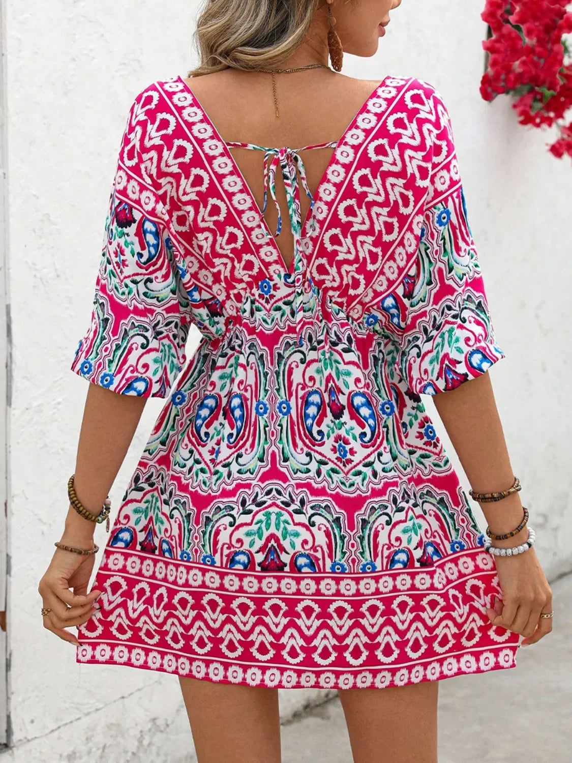 Printed Tie-Back Half-Sleeve Mini Dress Pattern V-Neck Boho - Southern Shores Clothing