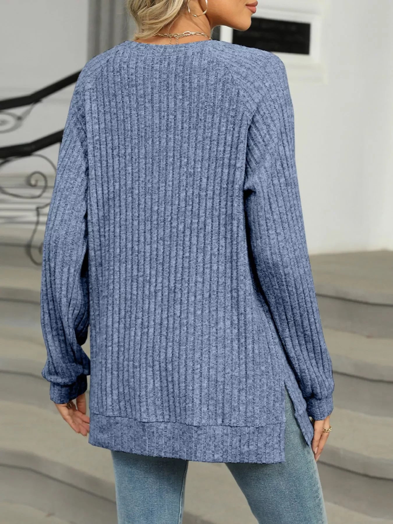 Round Neck Side Slit Ribbed Knit Top with Asymmetric Button Detail - Southern Shores Clothing