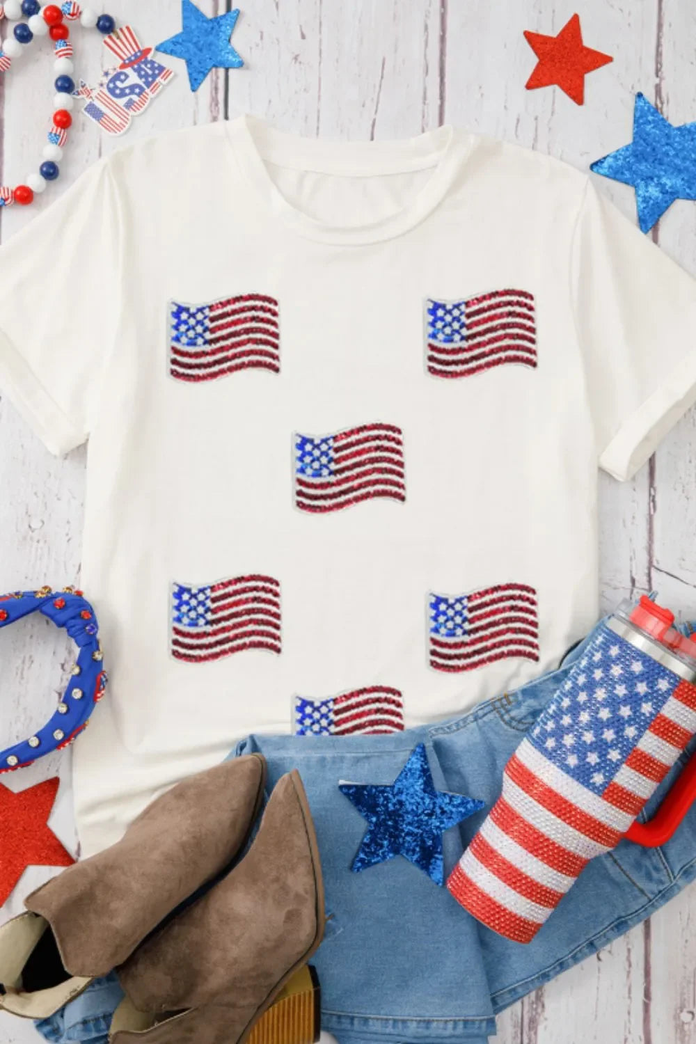 Sequined American Flag Patch Casual T Shirt - Southern Shores Clothing
