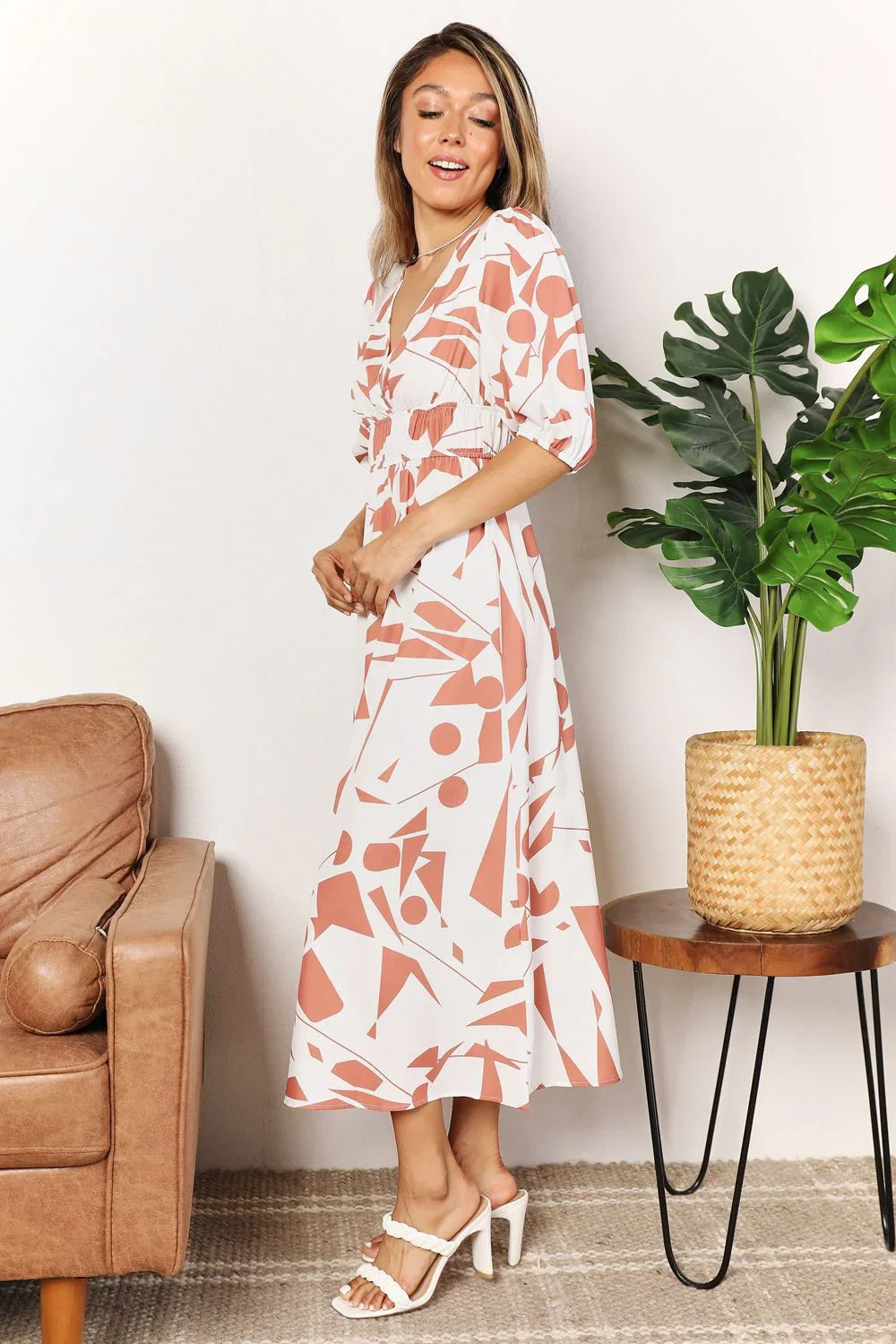 Printed Surplice Balloon Sleeve Dress Silhouette - Southern Shores Clothing