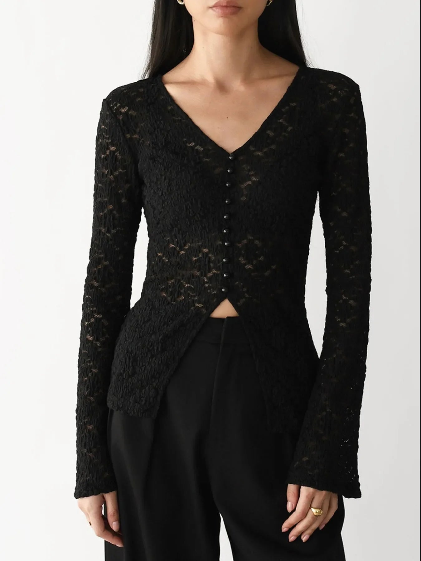 Lace V-Neck Flare Sleeve Buttoned Slit T Shirt - Southern Shores Clothing