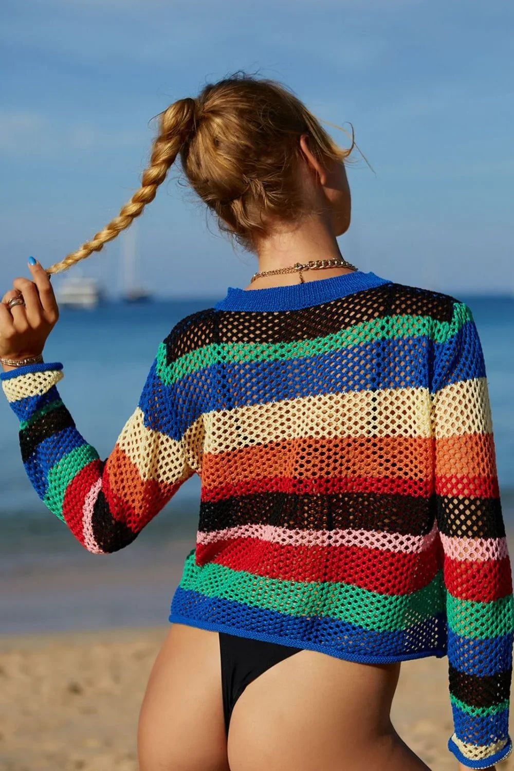 Openwork Stripe Long Sleeve Swim Cover Up - Southern Shores Clothing