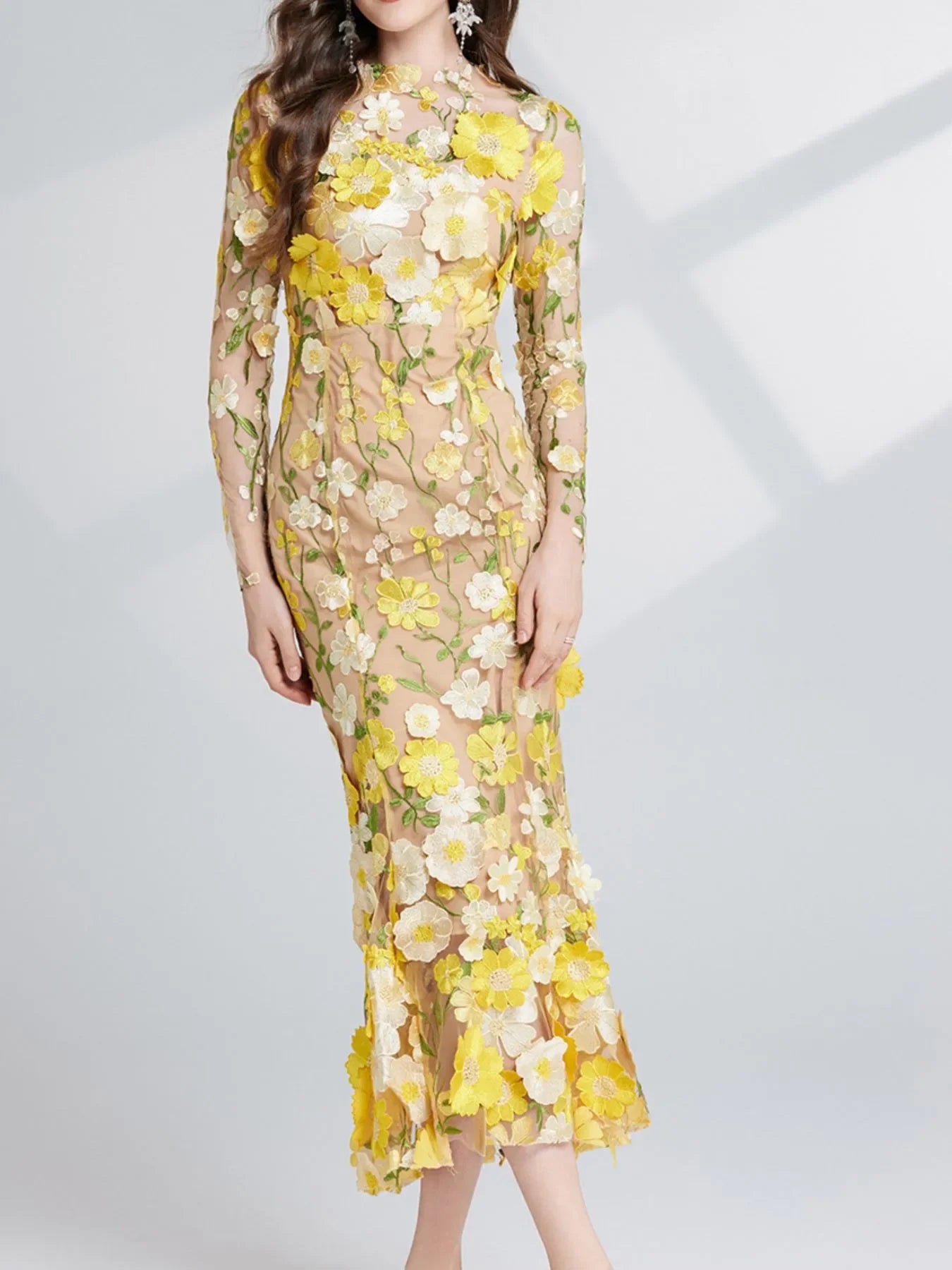 Floral Embroidered Magnolia Mesh Long Sleeve Midi Dress - Southern Shores Clothing