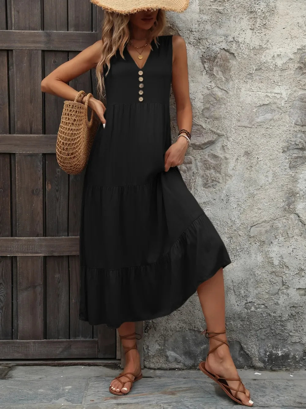 Notched Sleeveless Maxi Dress With Buttons - Southern Shores Clothing