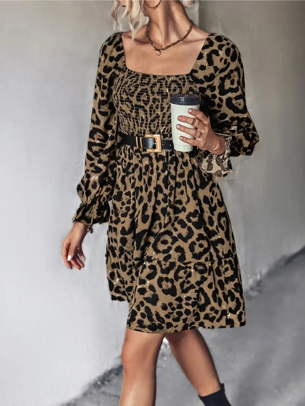 Leopard Smocked Flounce Sleeve Mini Dress - Southern Shores Clothing