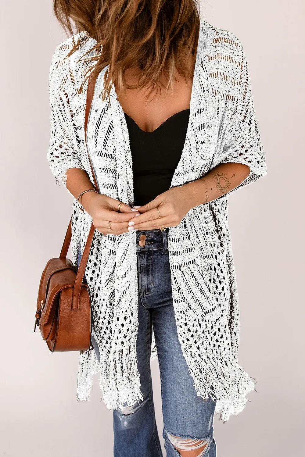 Lightweight Openwork Fringed Cardigan With Open Front - Southern Shores Clothing