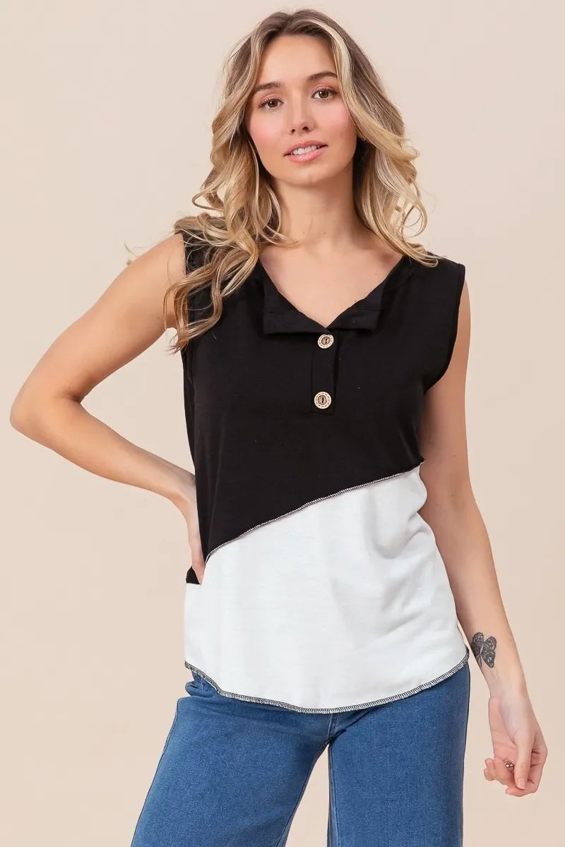 Block Design Buttoned Henley Top With Contrast Stitching - Southern Shores Clothing