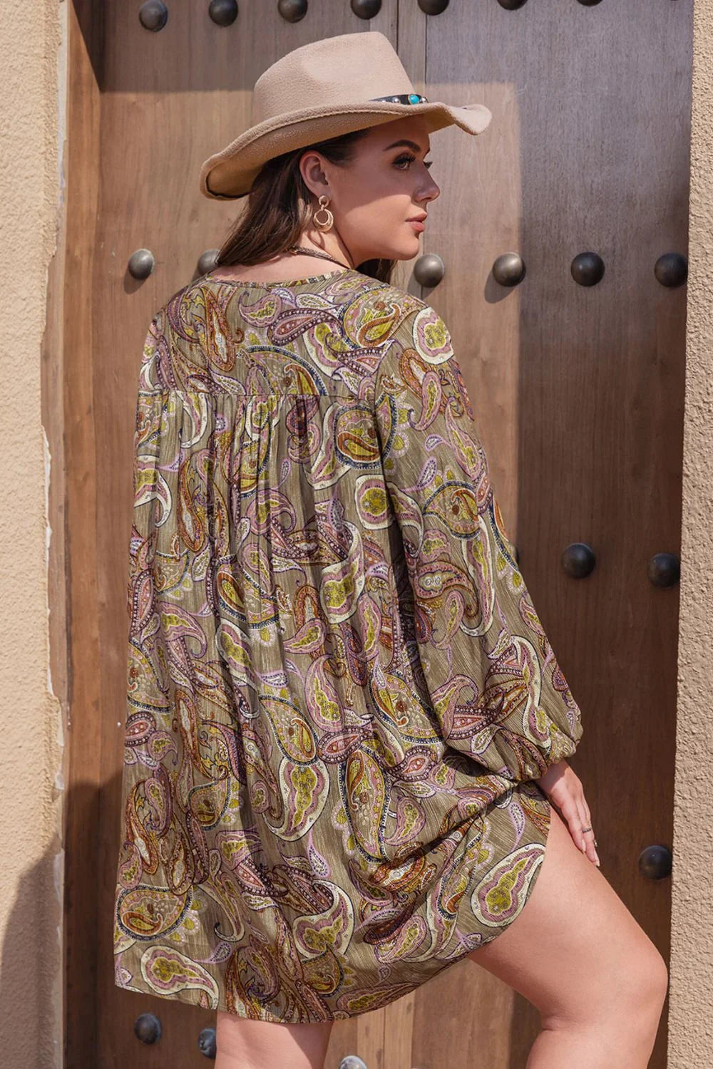 Plus Size Printed V-Neck Long Sleeve Midi Dress - Southern Shores Clothing