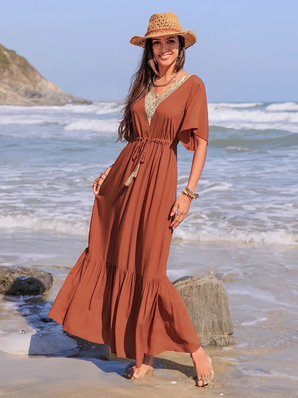 Ruffled Tassel V-Neck Flutter Sleeve Dress With Lace Trim - Southern Shores Clothing