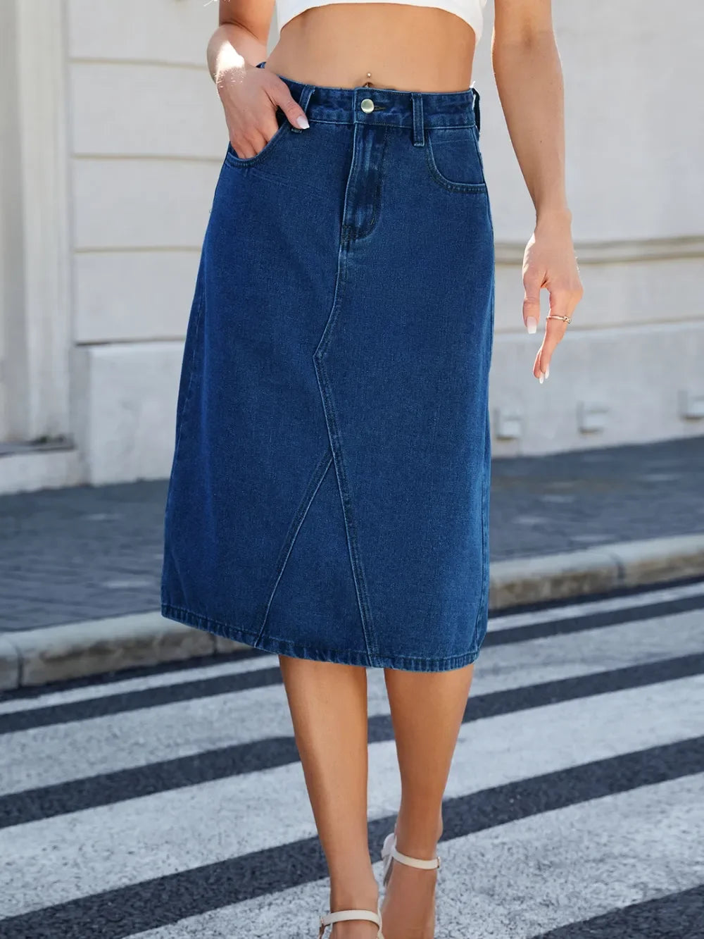Relaxed Fit Denim Midi Skirt With Slit Back - Southern Shores Clothing