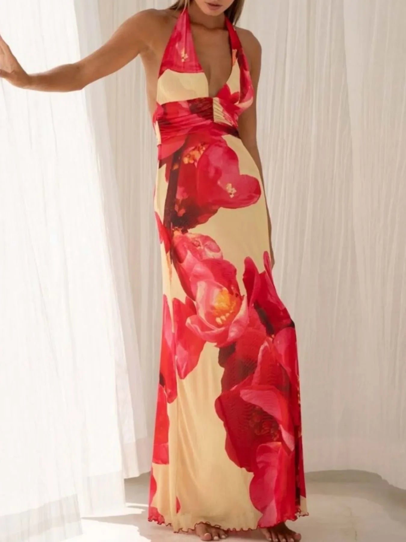 Floral Halter Neck Deep V Maxi Dress Beachwear - Southern Shores Clothing