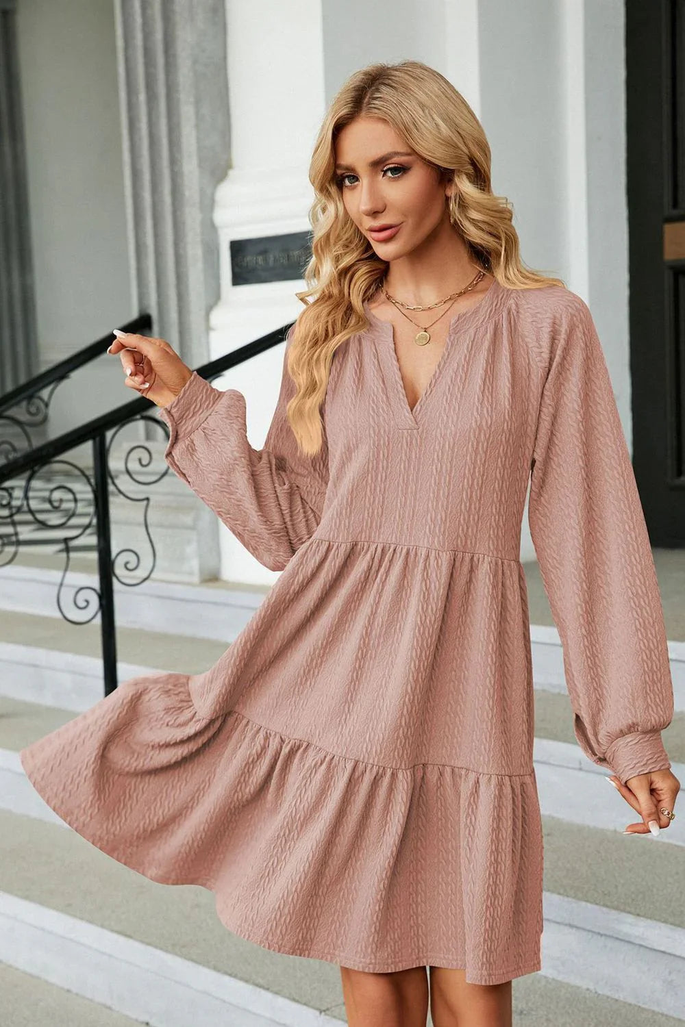 Notched Neck Long Sleeve Mini Dress - Southern Shores Clothing
