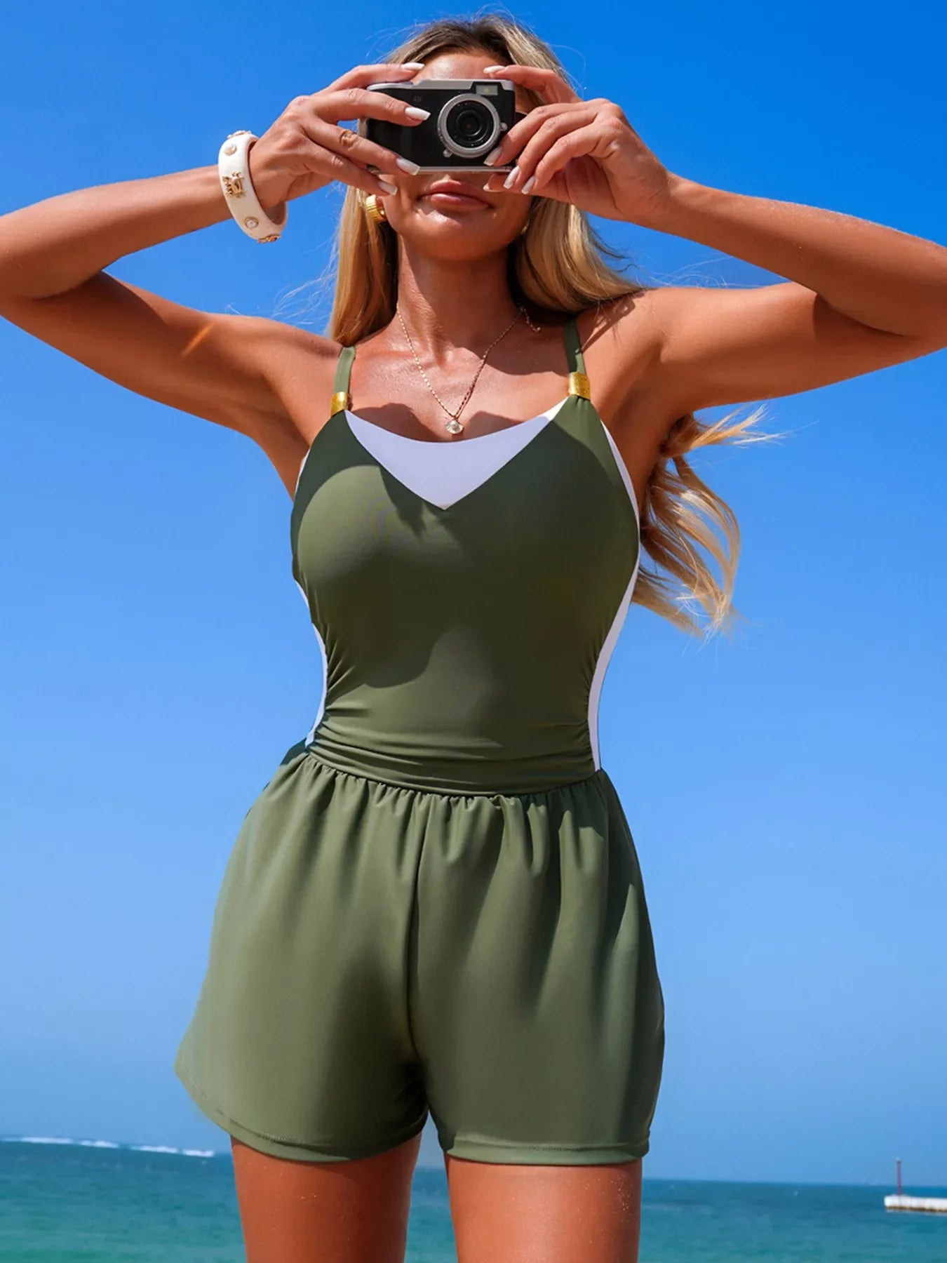 Block Pattern Adjustable Strap One Piece Swimsuit For Summer - Southern Shores Clothing