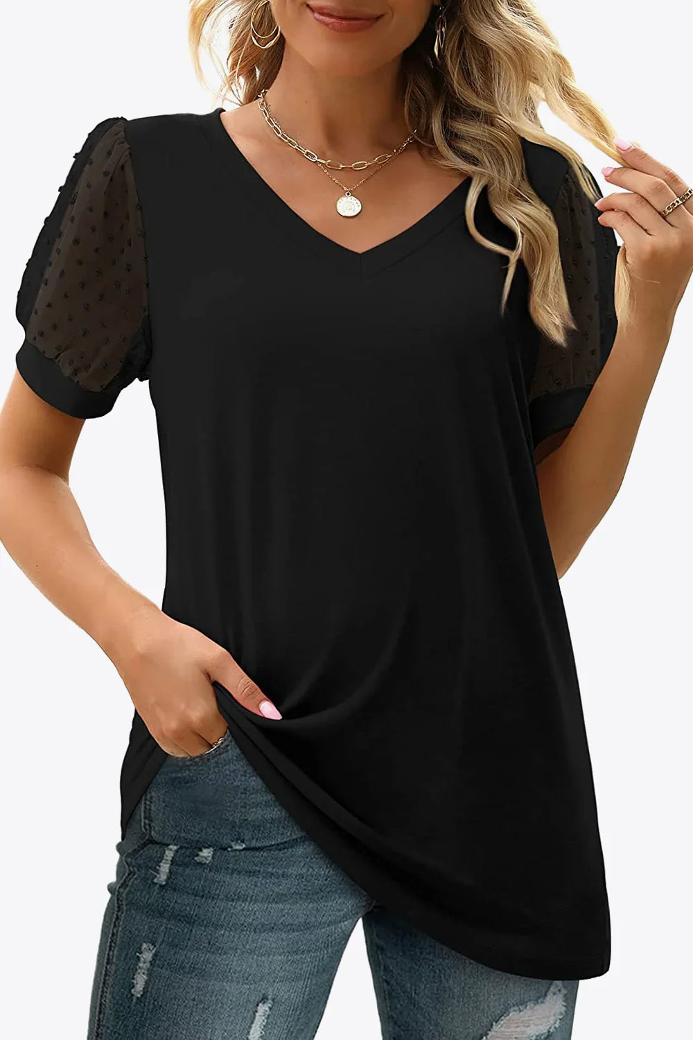 Swiss Dot Puff Sleeve V-Neck Tee With Dot Detailing - Southern Shores Clothing