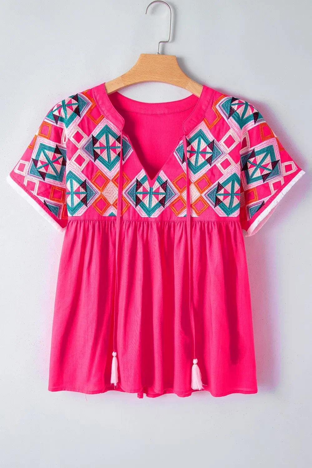 Geometric Embroidered Tassel Tie Neck Blouse - Southern Shores Clothing