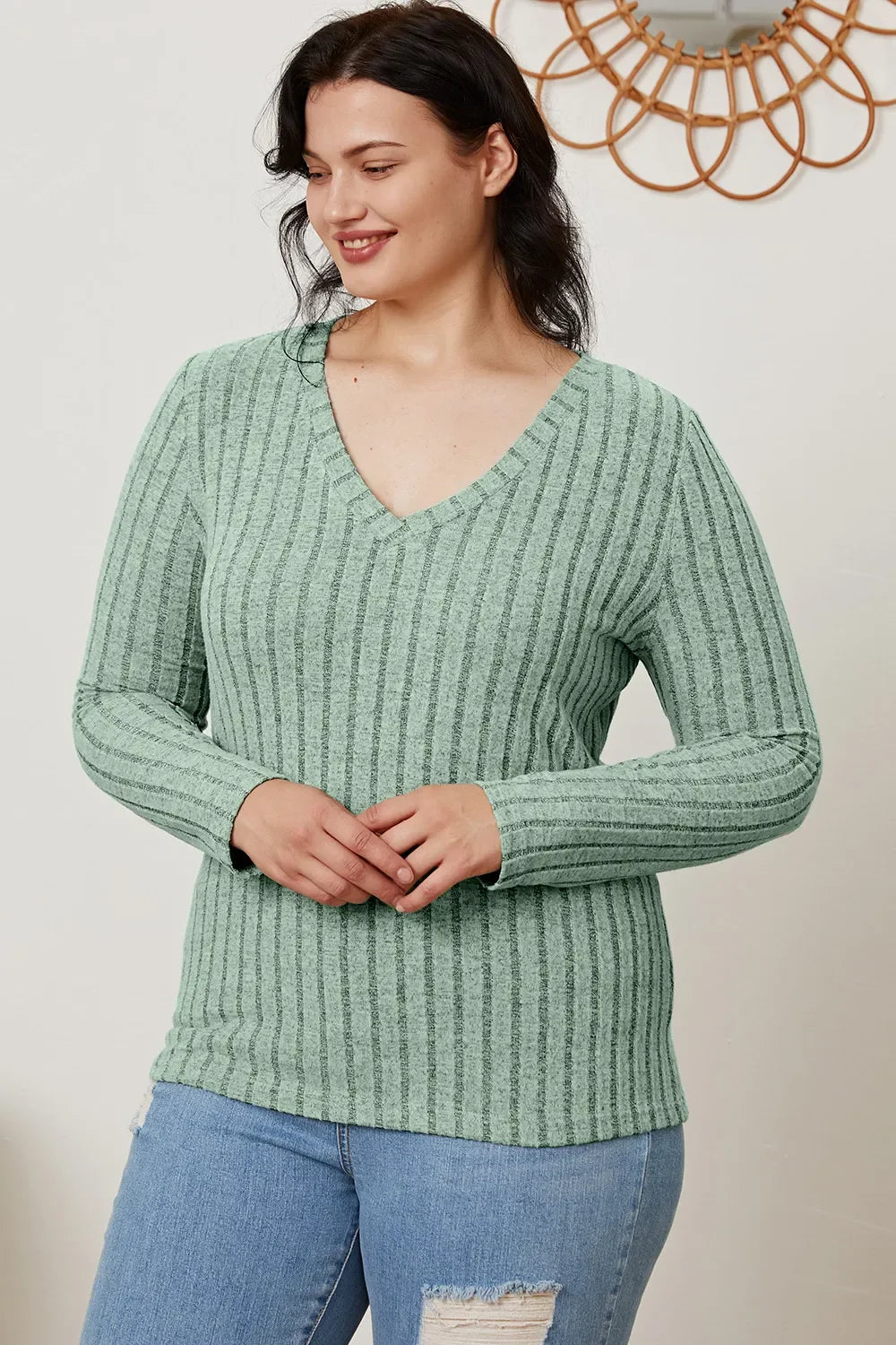 Classic Ribbed V-Neck Long Sleeve Knit Tee Top - Southern Shores Clothing