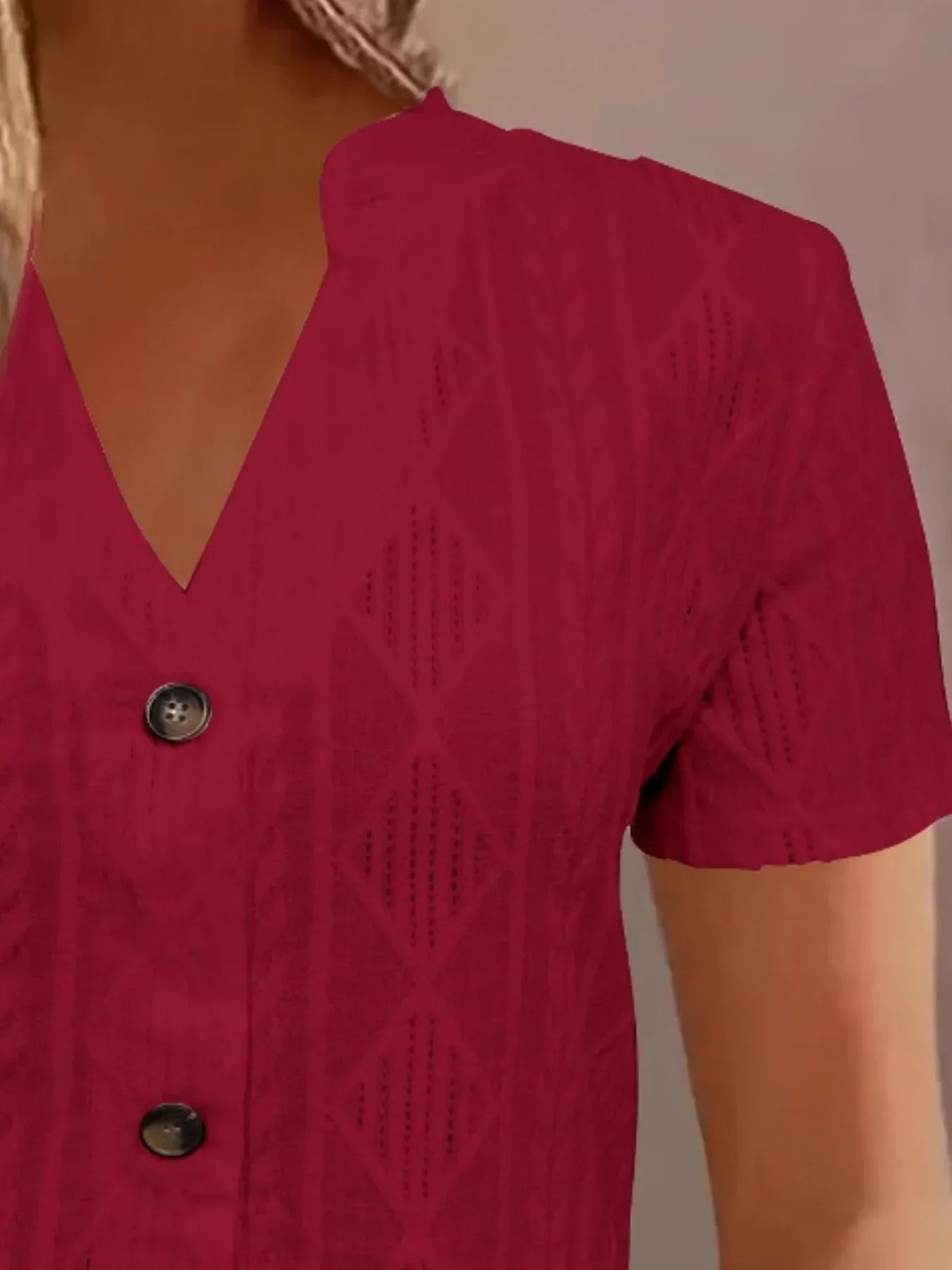 Textured Notched Short Sleeve Ribbed Buttoned Blouse - Southern Shores Clothing