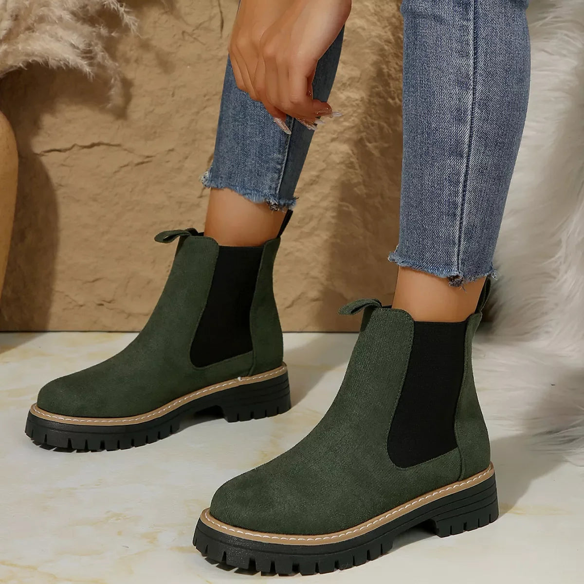 Mid Heel Round Toe Platform Boots Suede Rubber - Southern Shores Clothing