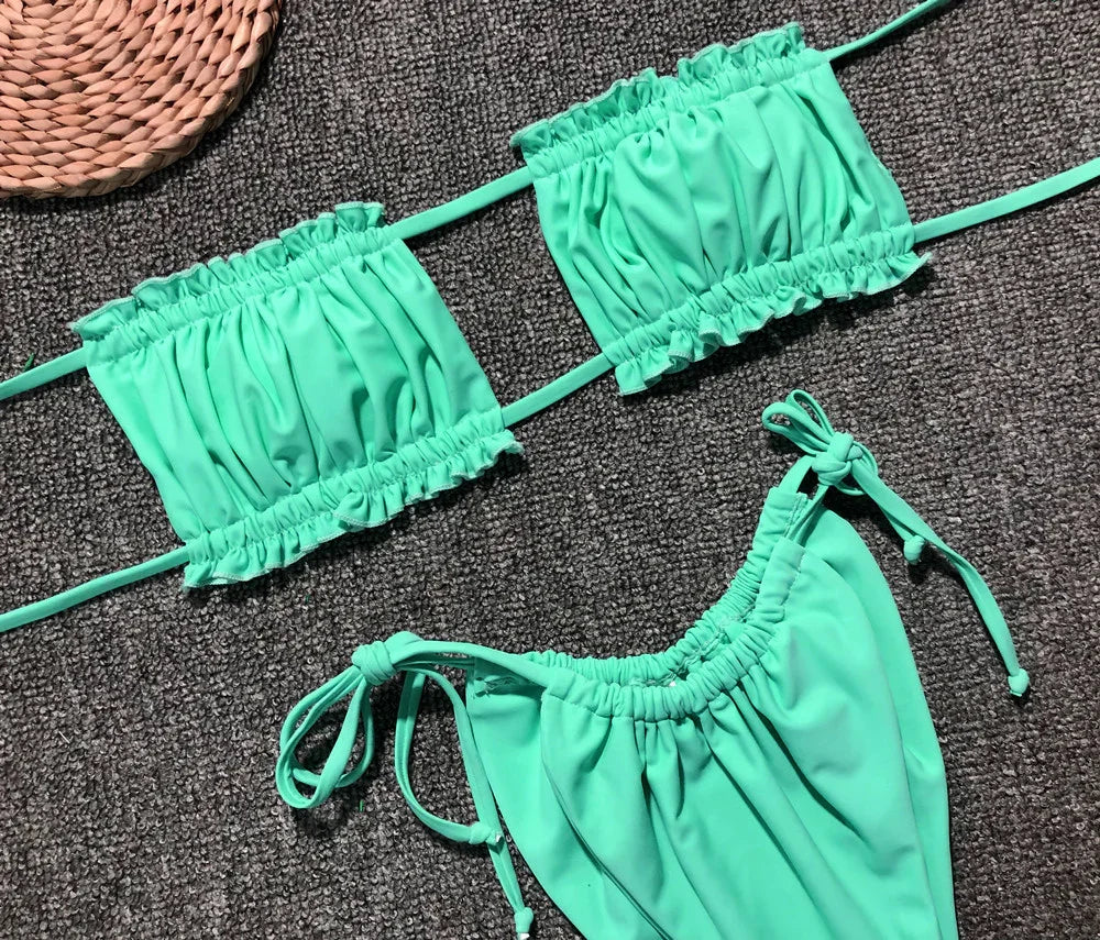 Frill Trim Ruched Bikini Set With Removable Padding - Southern Shores Clothing