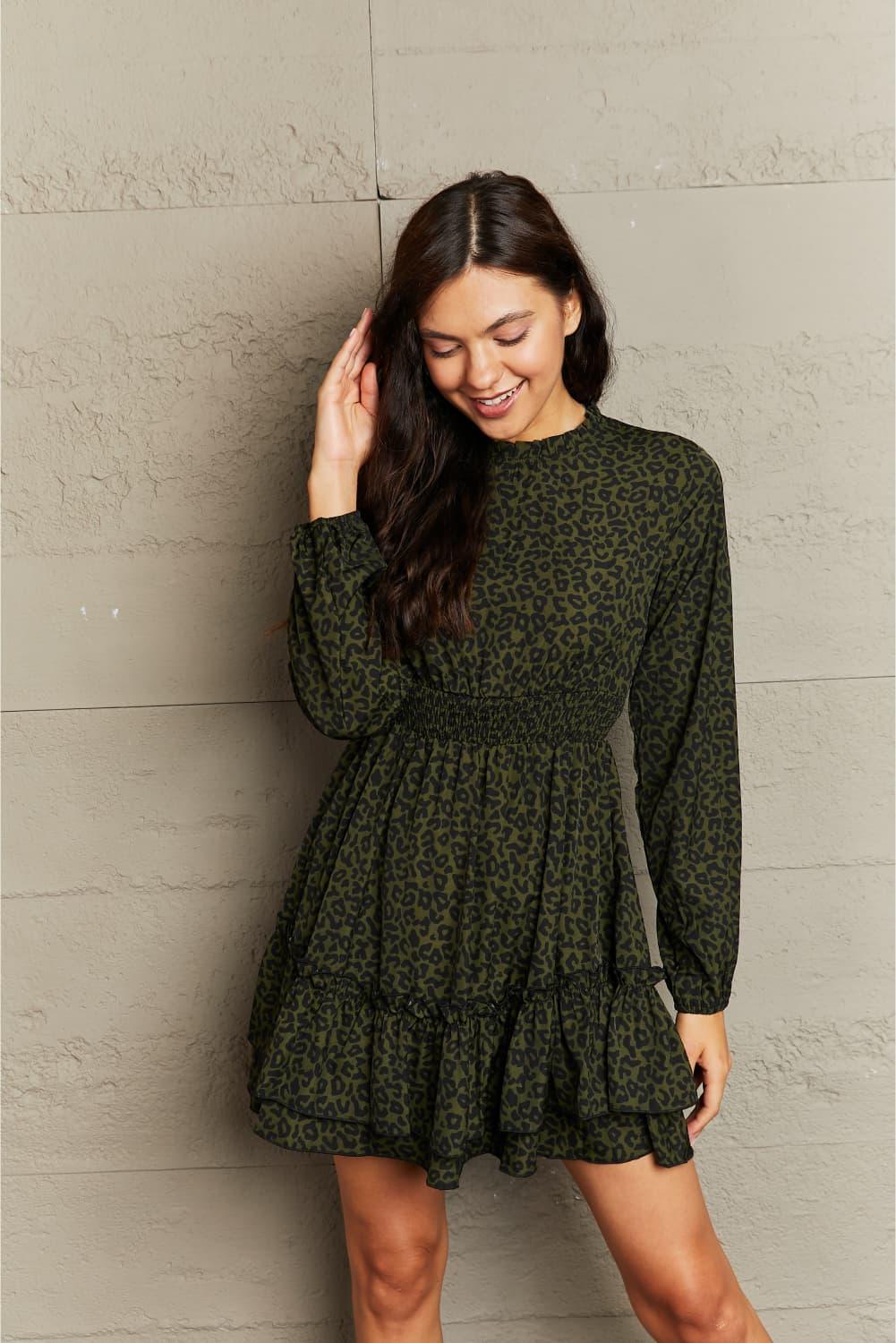 Leopard Print Smocked Waist Long Sleeve Dress - Southern Shores Clothing