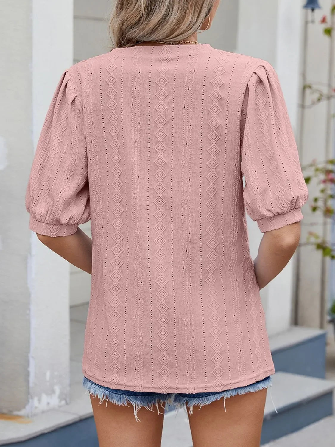 Puff Sleeve V-Neck Eyelet Lace Stretch T Shirt - Southern Shores Clothing