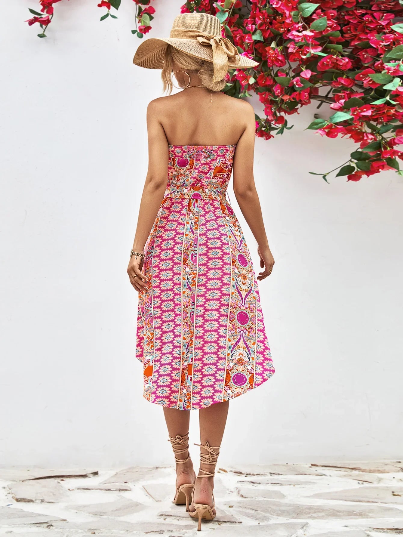 Printed Strapless Tie Belt Dress - Southern Shores Clothing