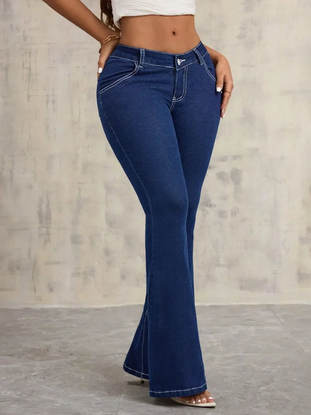 Denim Flare Jeans With Pockets Button Detail - Southern Shores Clothing
