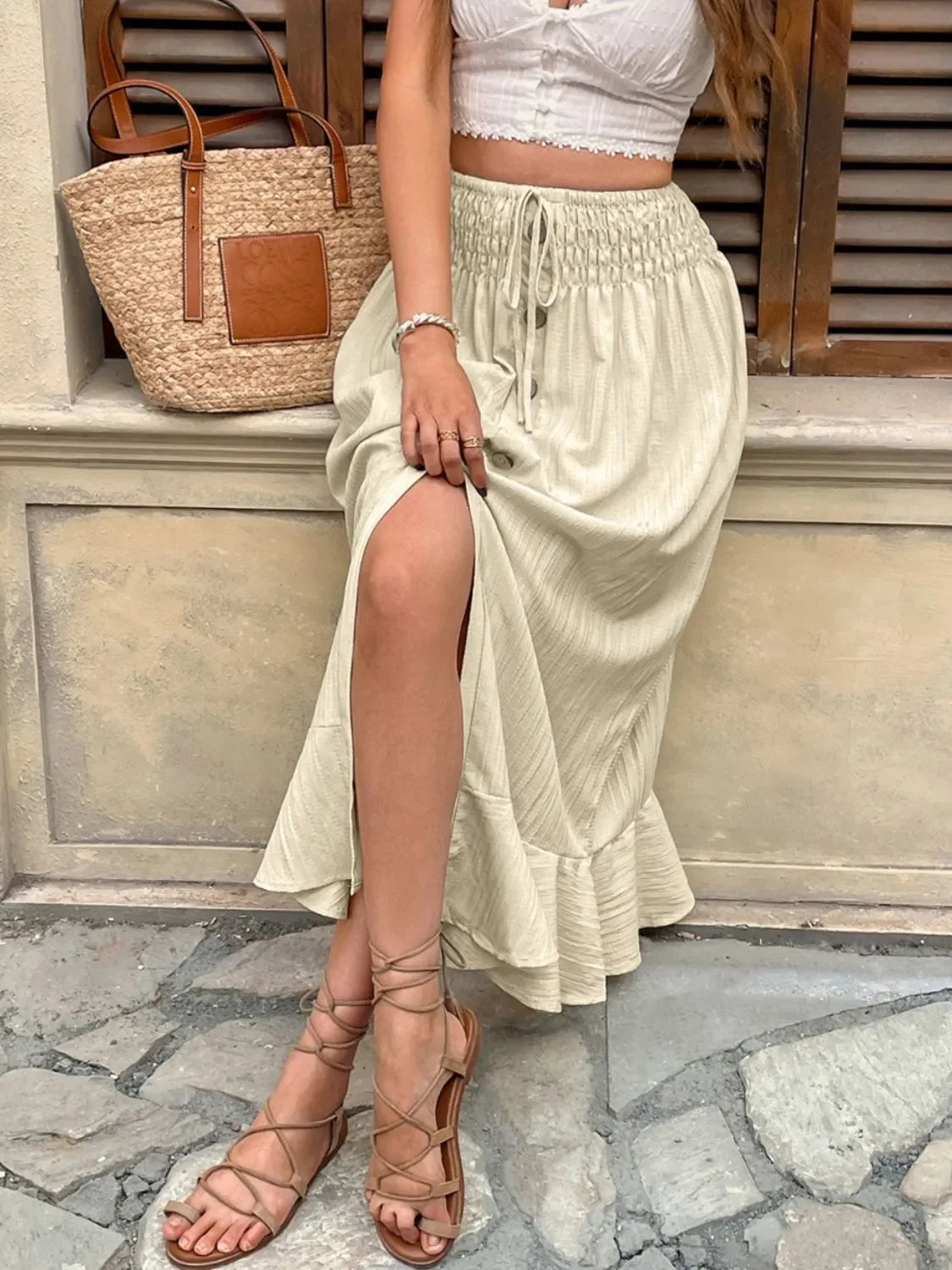 Ruffled Hem Slit Skirt With Lace And Adjustable Waist - Southern Shores Clothing