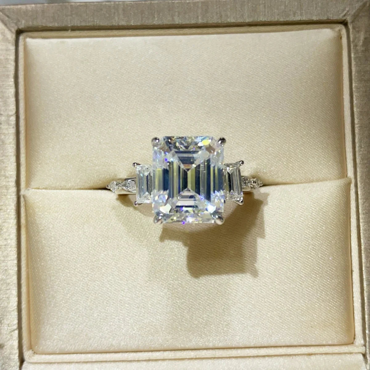Emerald-Cut Moissanite Ring 5 Carat Platinum-Plated Finish Band - Southern Shores Clothing