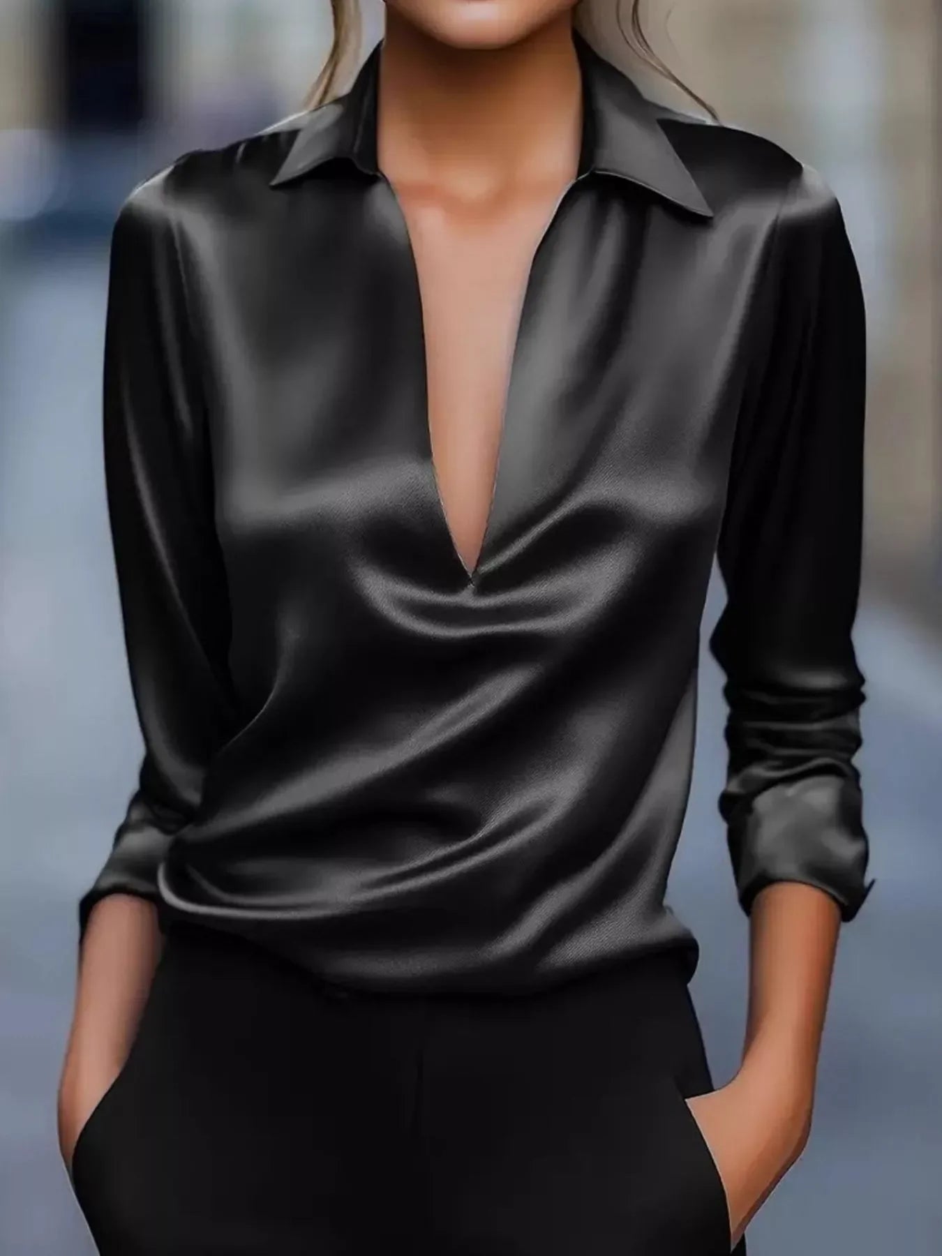 Satin Johnny Collar Long Sleeve Blouse Relaxed Fit - Southern Shores Clothing