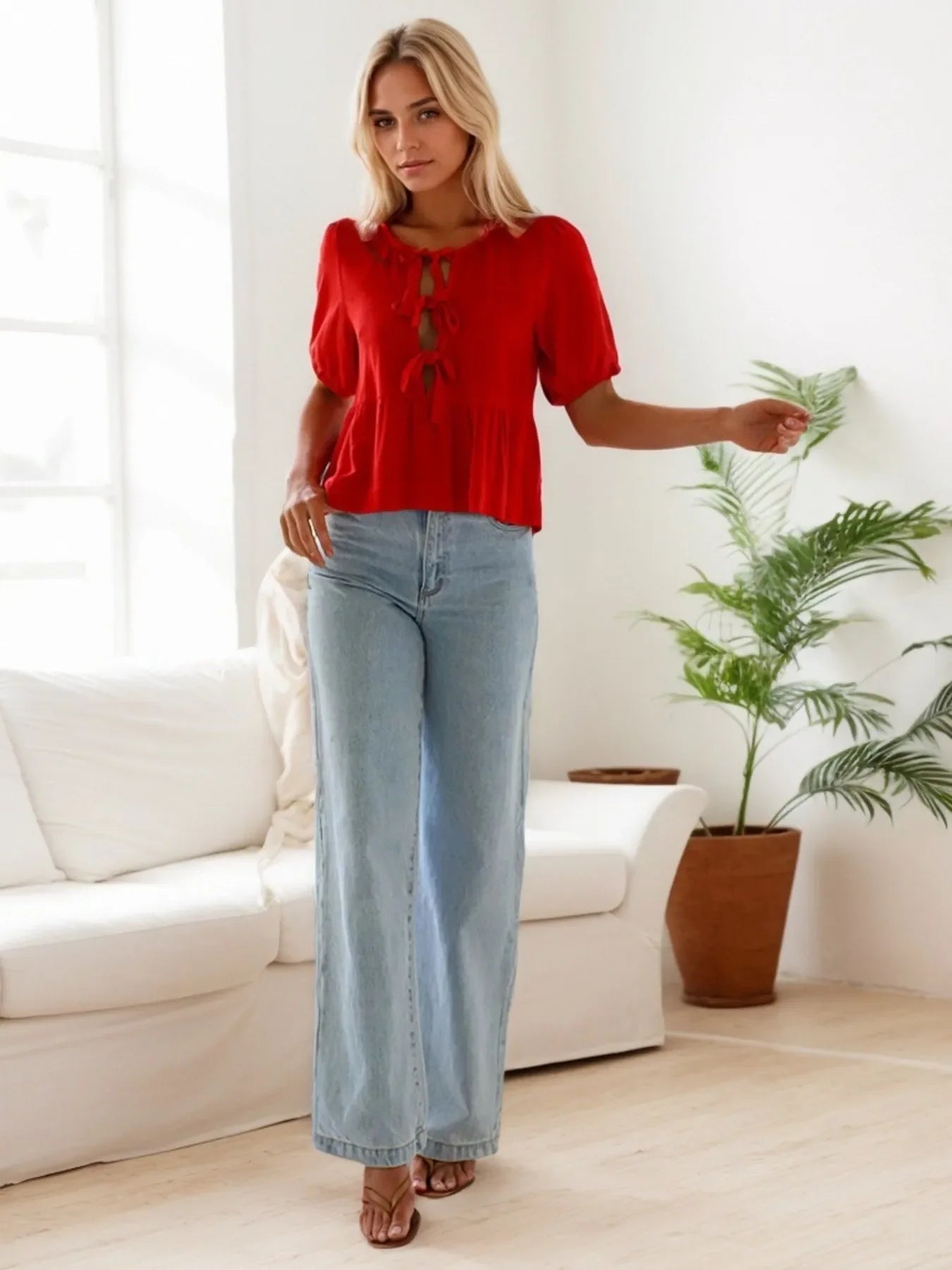Southern Shores Clothing Tie-Front Design Short Sleeve Blouse Made From 100 Percent Polyester Fabric For Versatile Outfits - Southern Shores Clothing