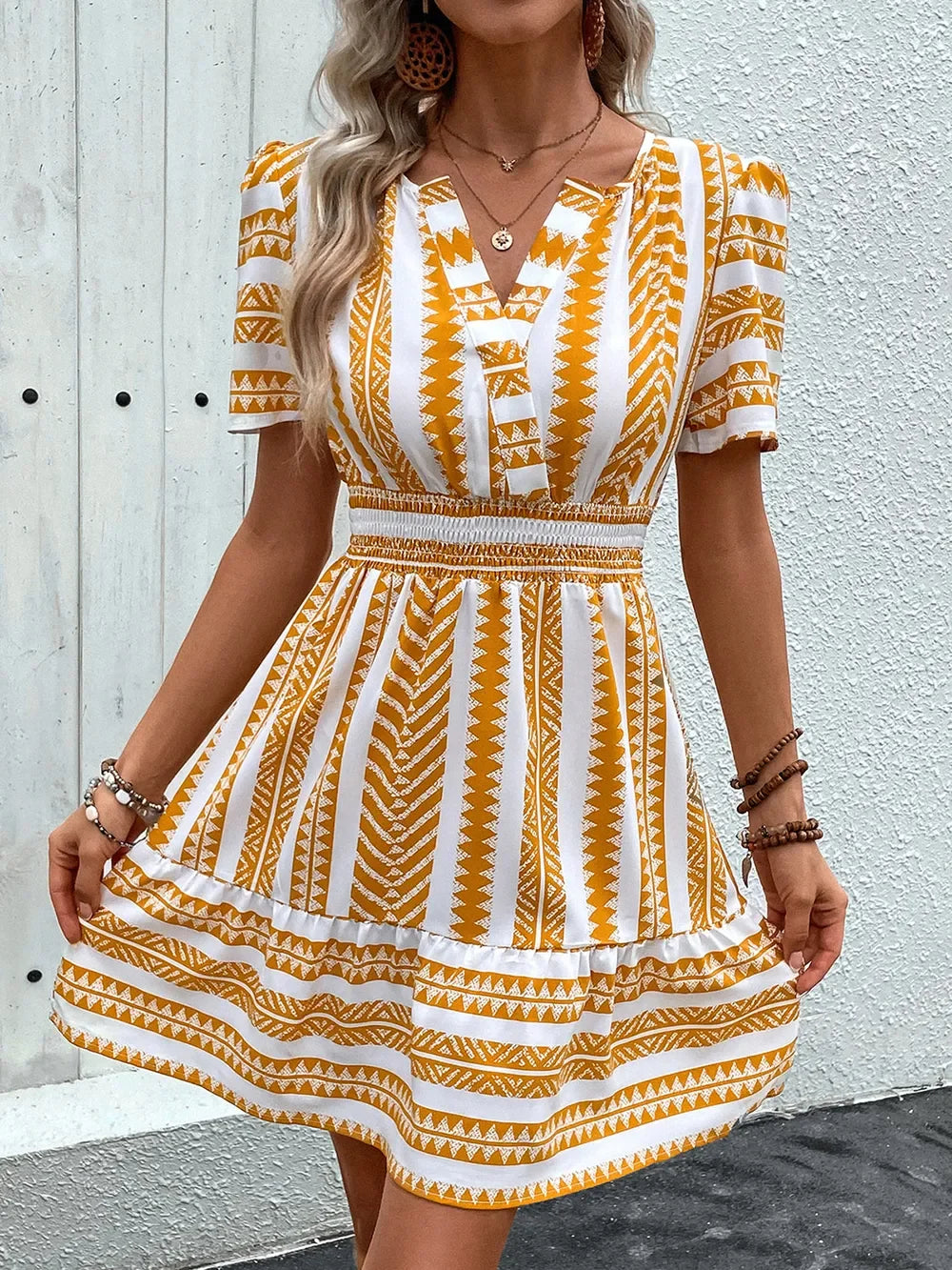 Geometric Print Notched Short Sleeve Mini Dress Casual Wearable - Southern Shores Clothing