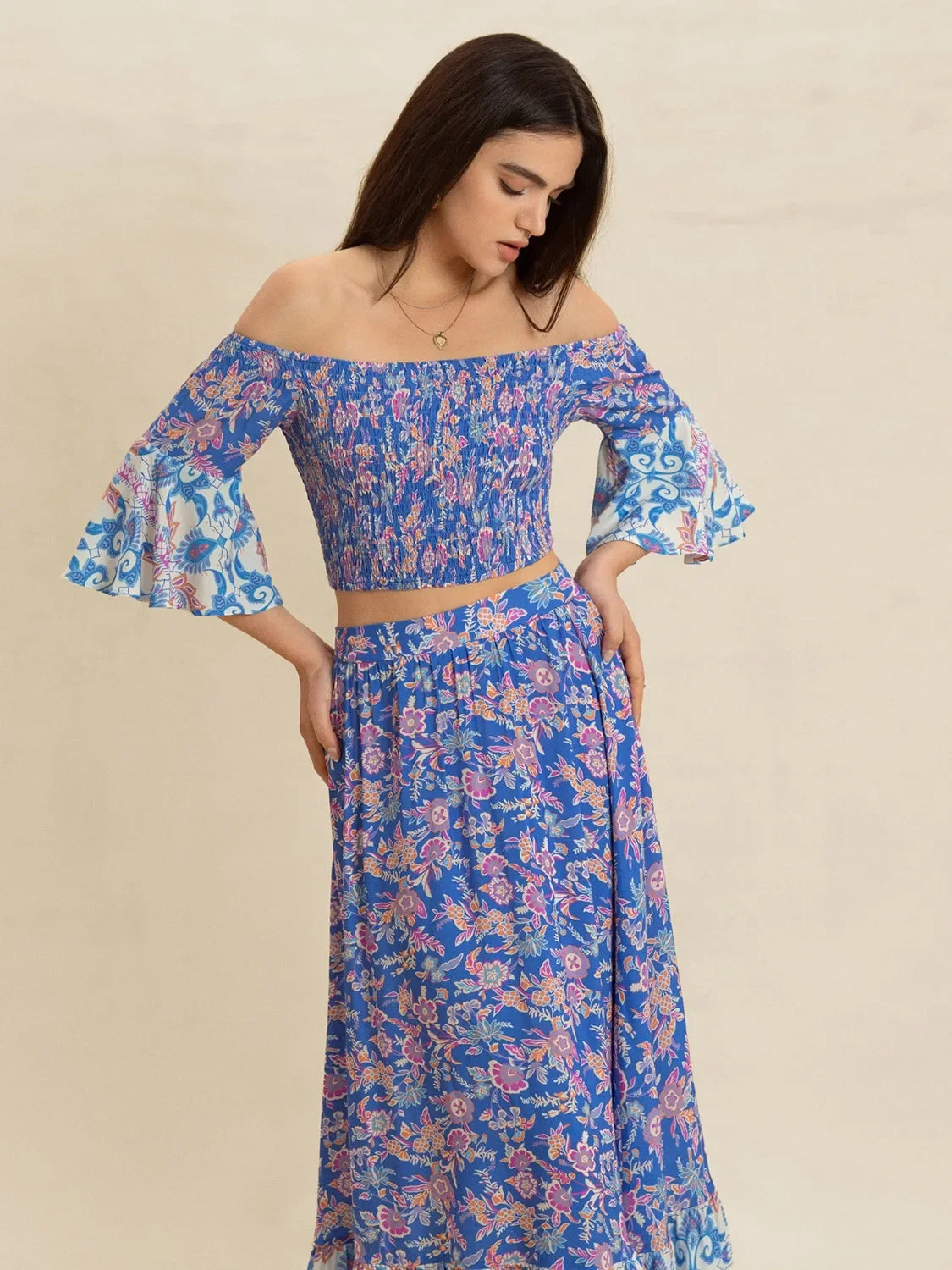 Smocked Off Shoulder Floral Top And Skirt Two Piece Set - Southern Shores Clothing