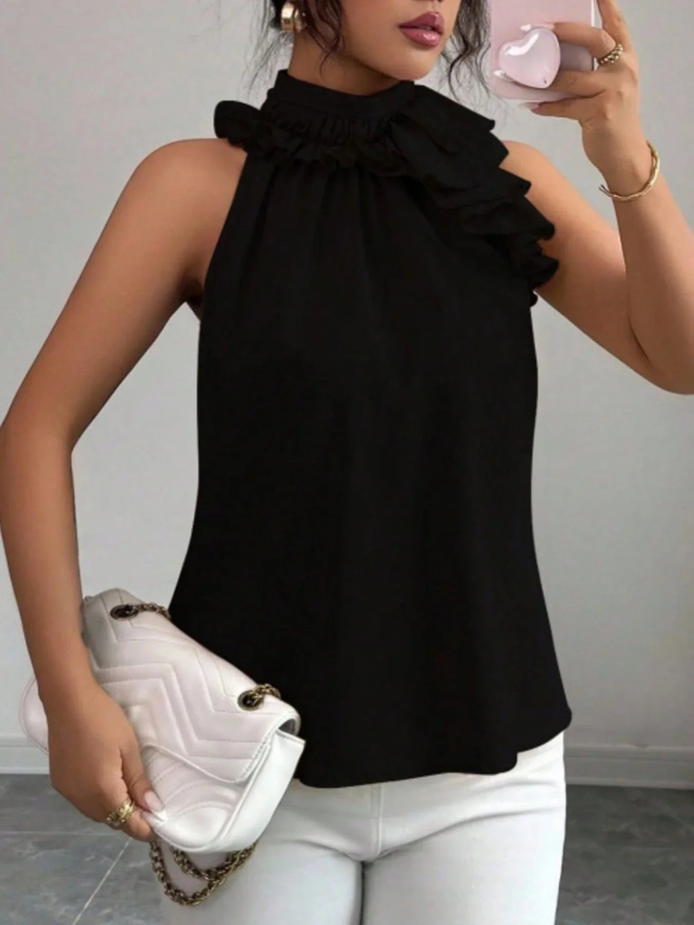 Ruffled High Neck Sleeveless Top With Draped Silhouette Detail - Southern Shores Clothing