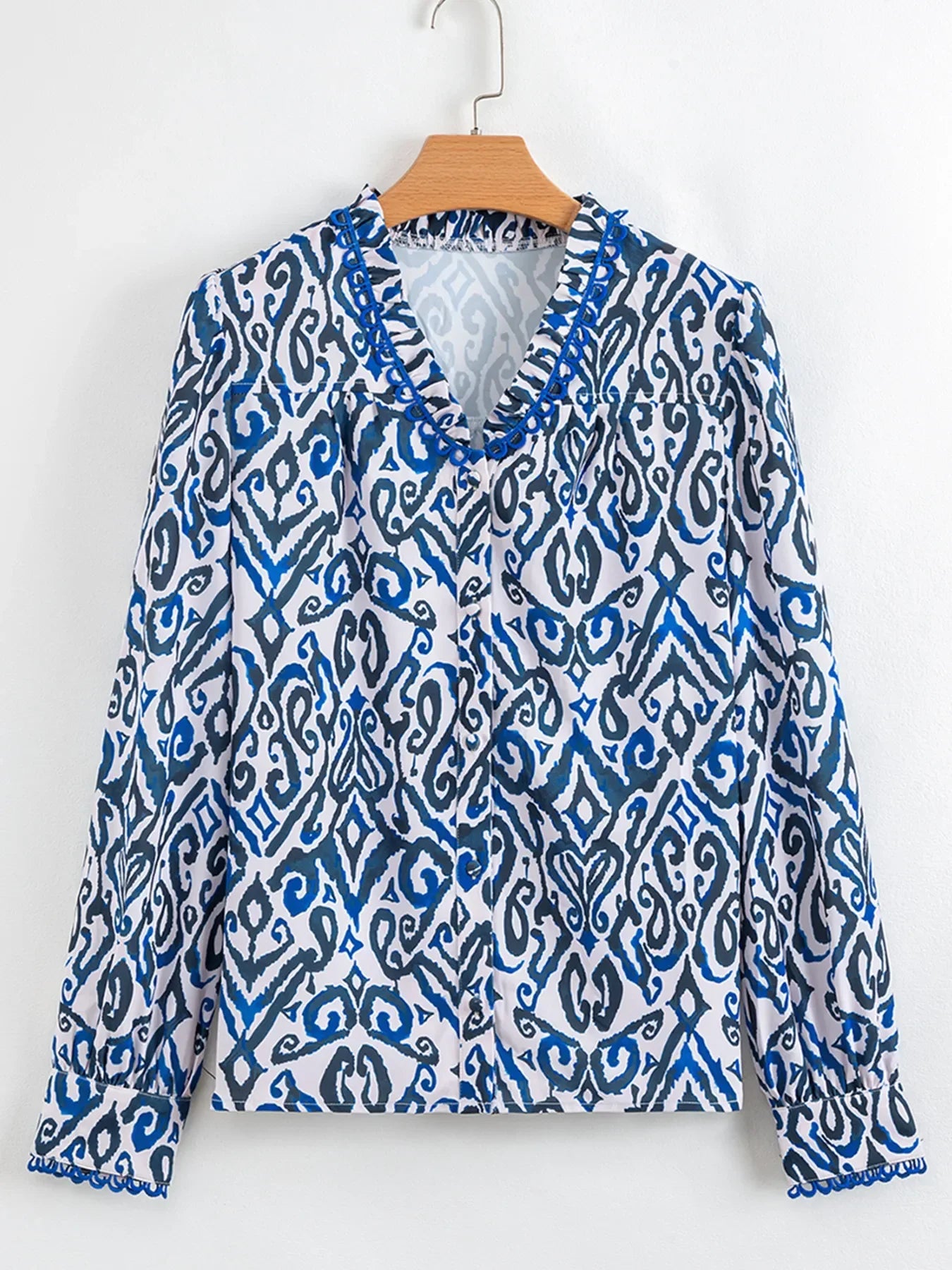 Paisley Print Long Sleeve Cotton Blouse With Frill Trim - Southern Shores Clothing