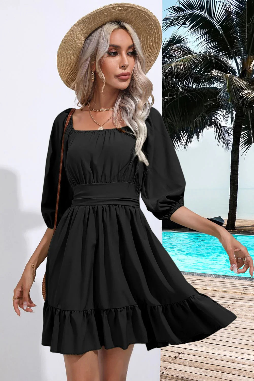 Square Neck Tie Back Ruffle Hem Dress Coastal Casual - Southern Shores Clothing