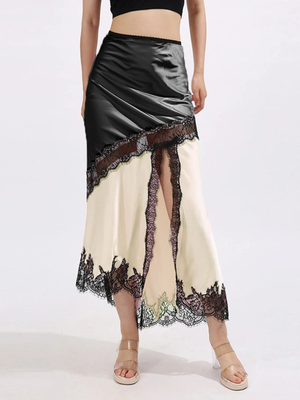 Savannah Inspired Lace Trim Asymmetrical Midi Skirt