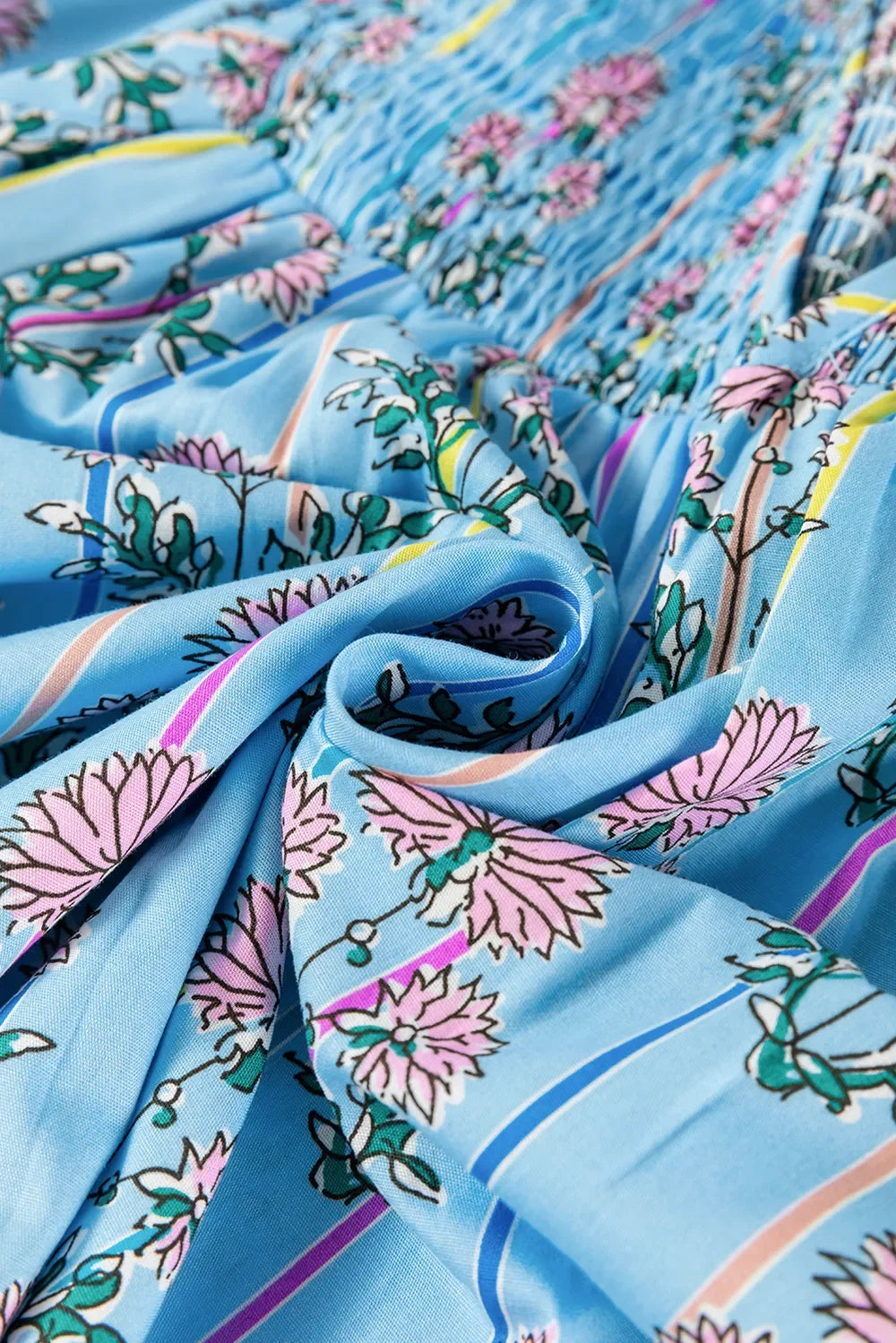 Smocked Floral Print Tie Neck Cotton Blouse - Southern Shores Clothing
